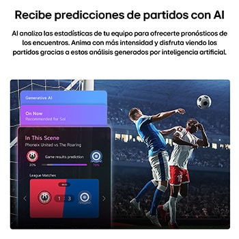LG QNED evo AI QNED74 Mini LED Sports Forecast by AI Concierge displays a live soccer match with an on-screen AI panel presenting predictions, game insights, and league data, suggesting how AI analyzes gameplay to forecast match outcomes. 